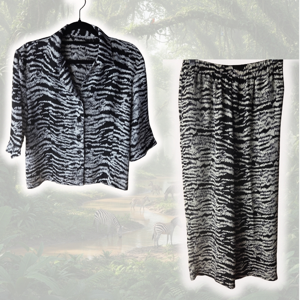 Black and White Zebra Print Blouse and Pant Set